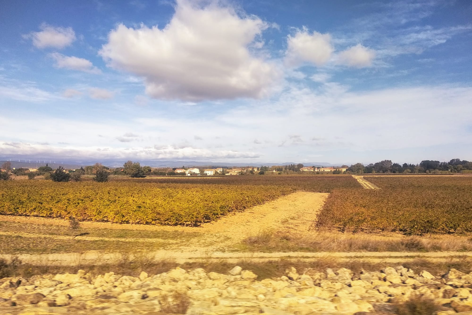 View of a field with varying colours of crops in late autumn, beneath a partly cloudy blue sky. In the distance, a small town is visible. The foreground shows a rough rocky area.