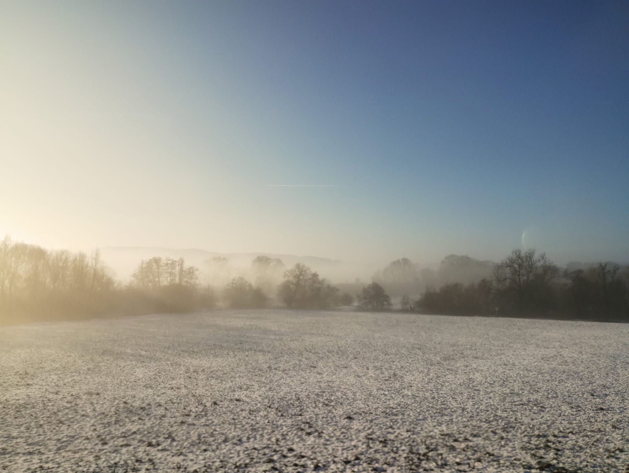 An early-morning snow-covered field, with fog rolling over distant trees and hills under a clear blue sky.