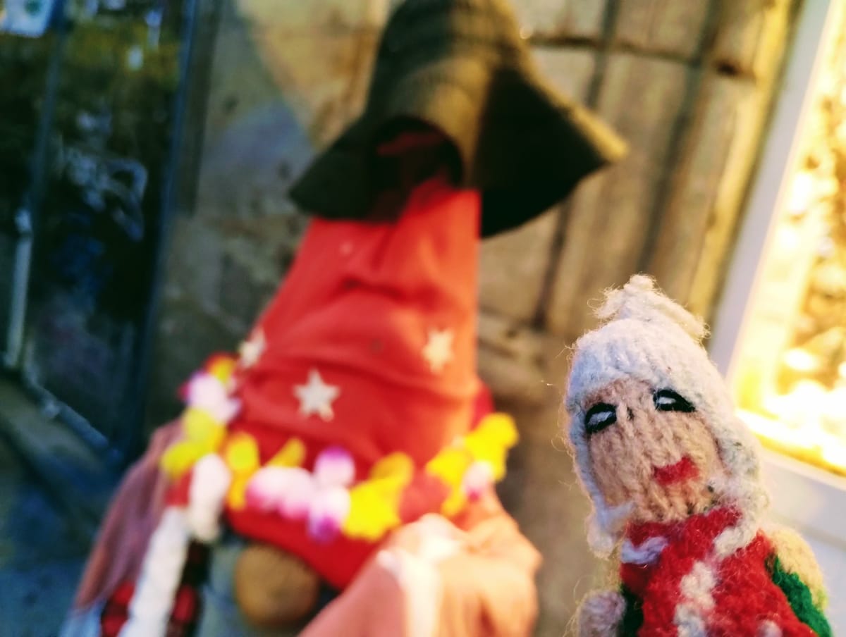 A slightly worse-for-wear finger puppet in front of something a red outfit and broad black brimmed hat adorned with a lei.